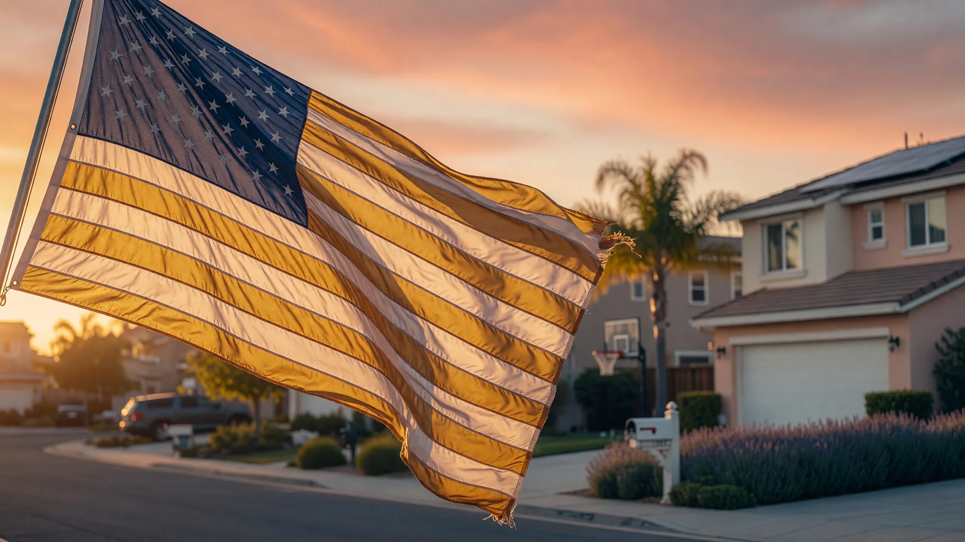 American flag waving in warm golden-hour light with a suburban California home softly blurred in the background, symbolizing homeownership and service