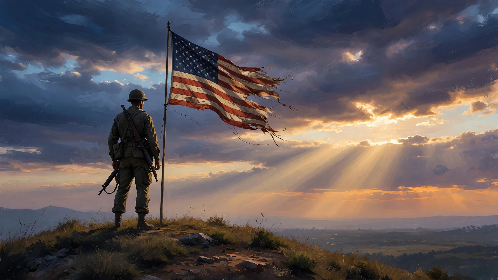A lone soldier silhouetted against a dramatic dawn sky, looking toward the horizon with a weathered American flag waving behind — a contemplative tribute to the journey from service to home.