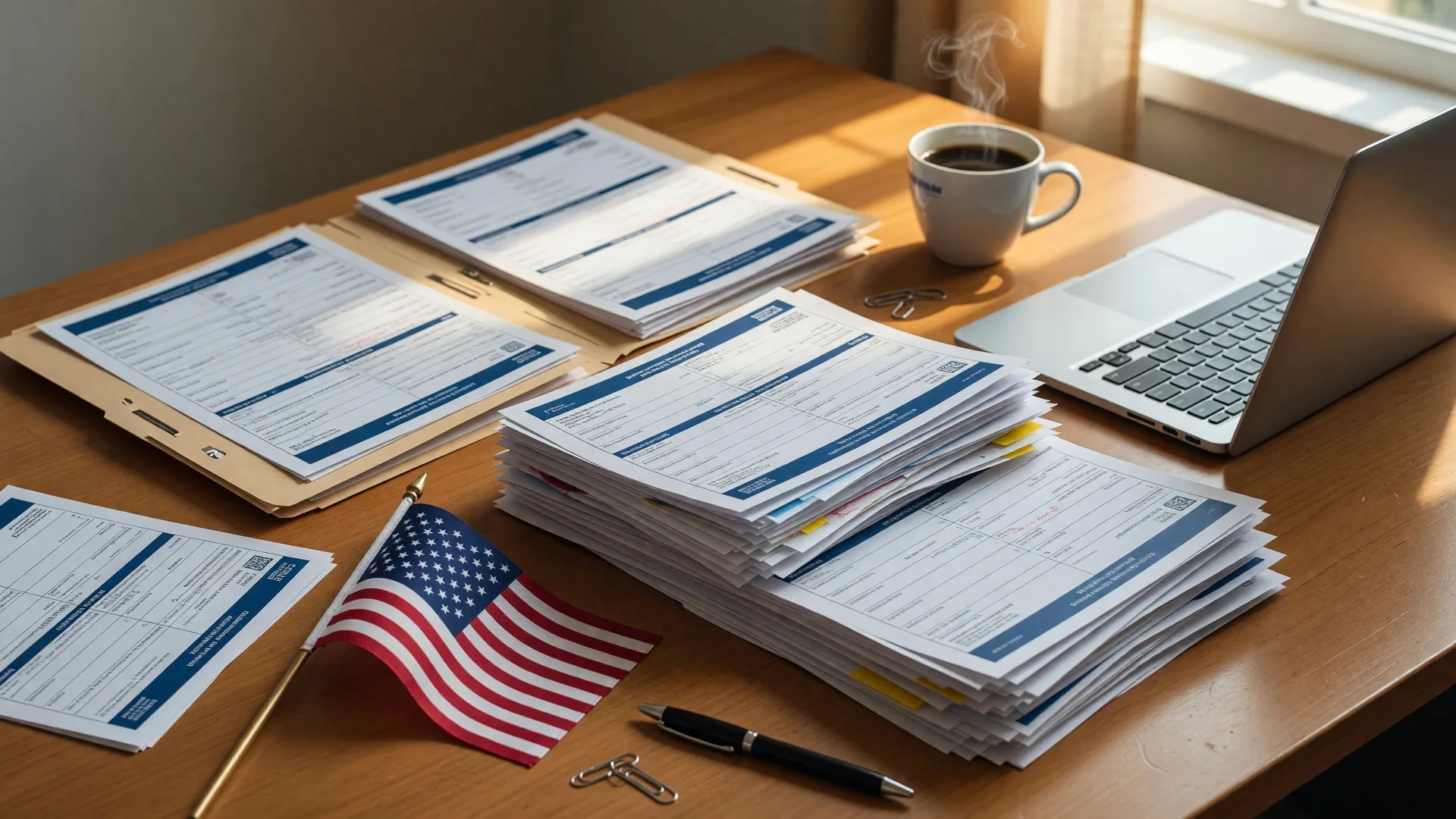 VA benefits documents on a desk with a laptop and American flag, representing TDIU and disability compensation