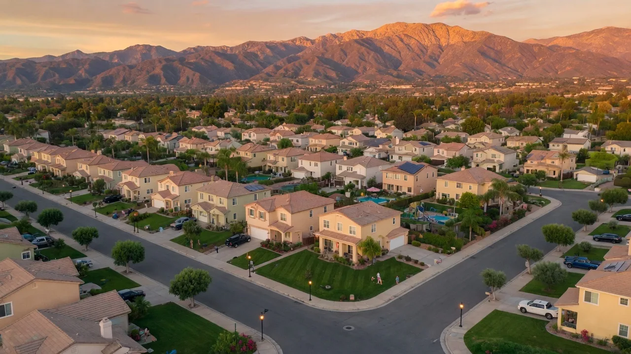 Aerial view of a Southern California suburban neighborhood at golden hour with tree-lined streets and homes