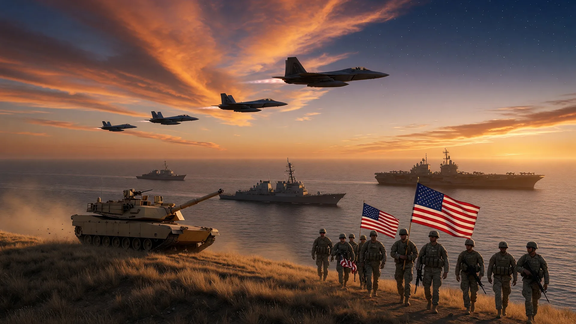 Military tribute scene featuring fighter jets in formation, naval warships, a tank, and soldiers carrying American flags against a dramatic sunset — representing all branches of the U.S. military