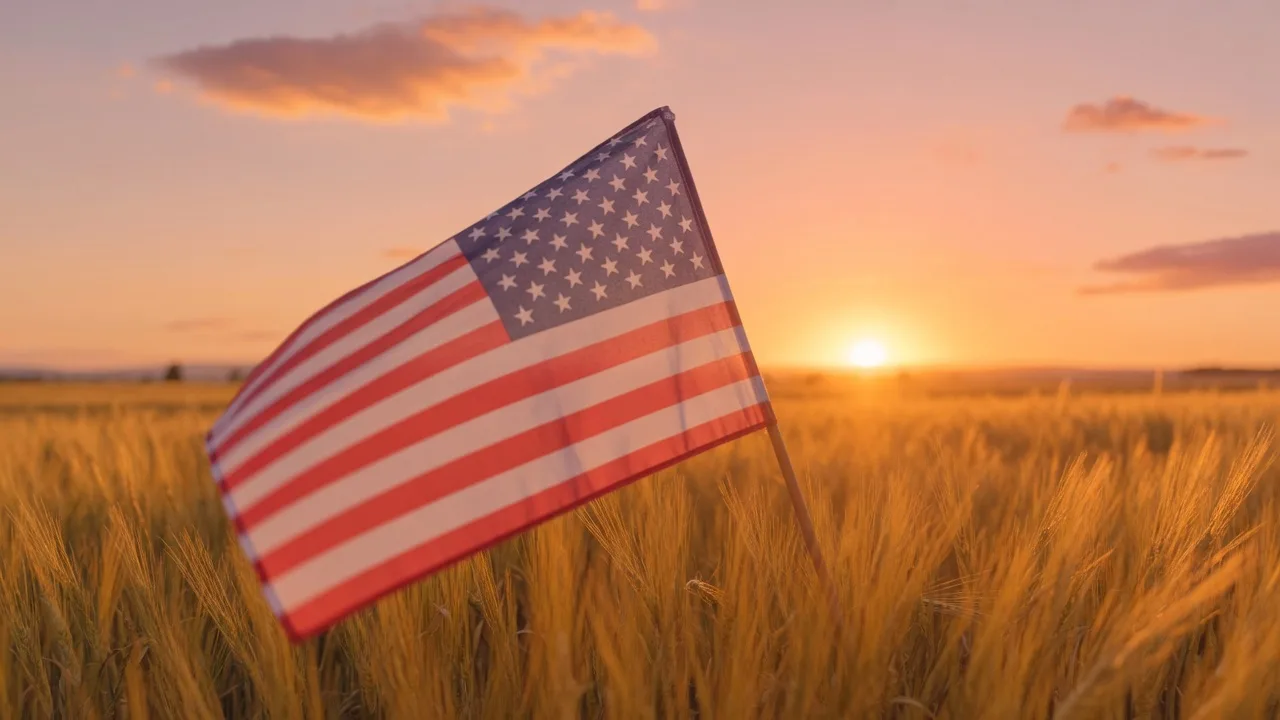 American flag waving gently in a golden wheat field at sunset, a peaceful and contemplative tribute to those who served
