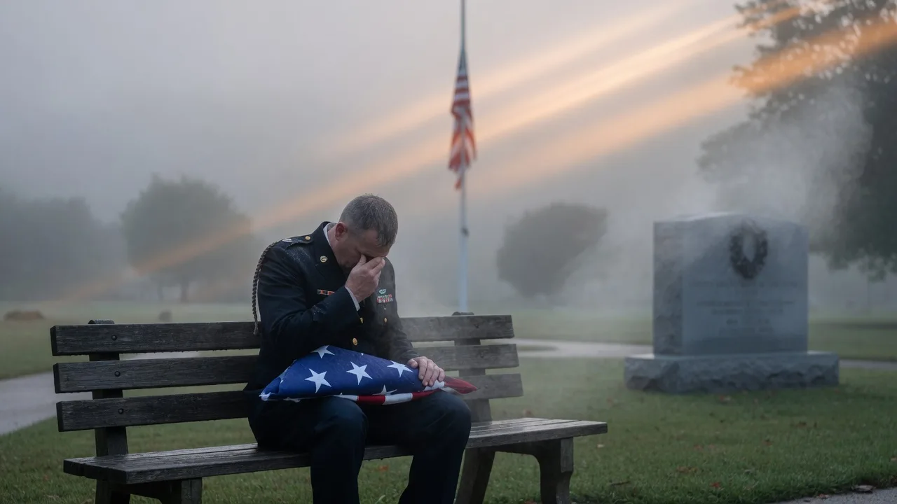 A lone serviceman sits in quiet reflection on a park bench at a misty memorial, head bowed, holding a folded funeral flag — a moment of remembrance and the personal weight of service