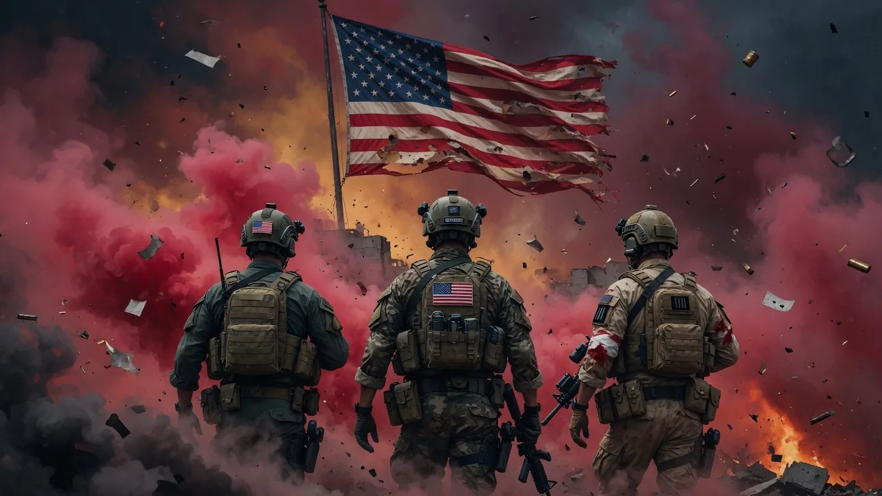 Three soldiers in combat gear walking together toward a tattered American flag amid red smoke and debris — a visual metaphor for teamwork through the VA loan selling process