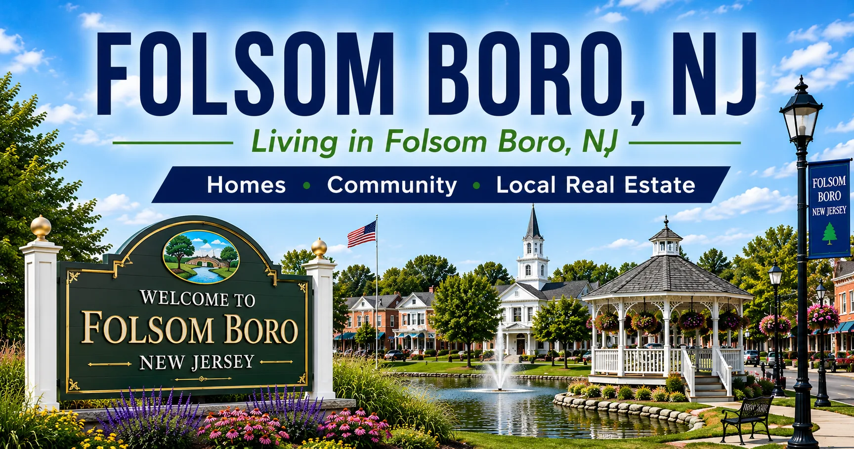 Folsom Boro, NJ graphic overlay of the community town square with a gazebo, fountain, and welcome sign