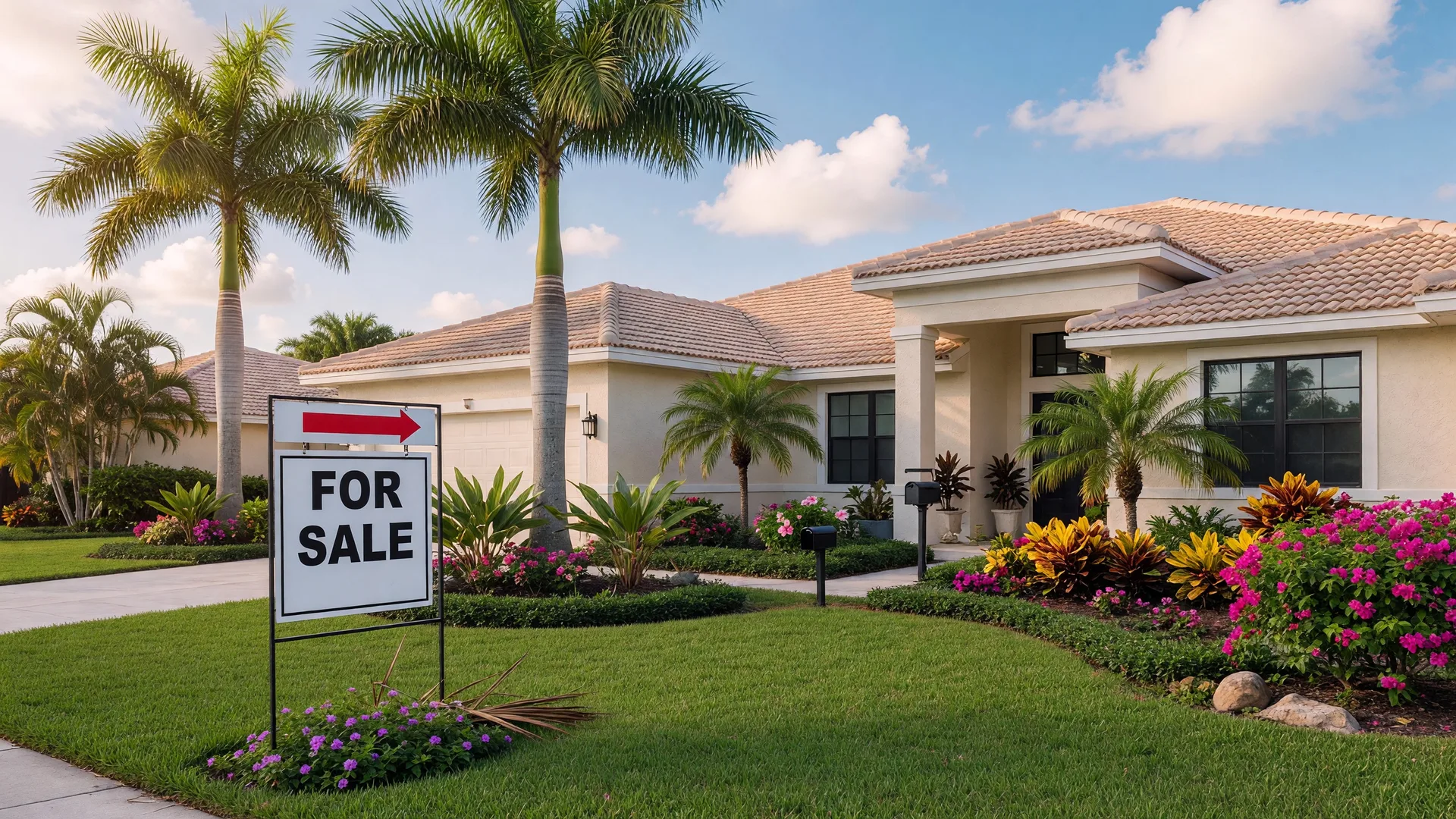 A well-maintained Florida home with a for sale sign in the front yard and tropical landscaping