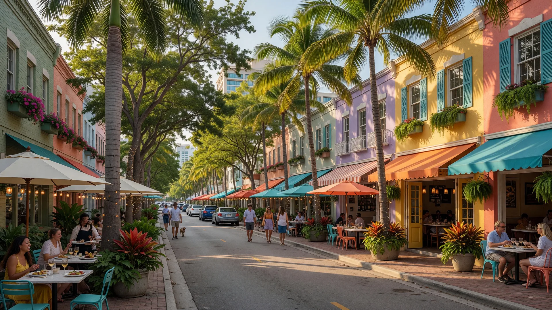 A vibrant tree-lined street in downtown West Palm Beach with shops, restaurants, and palm trees
