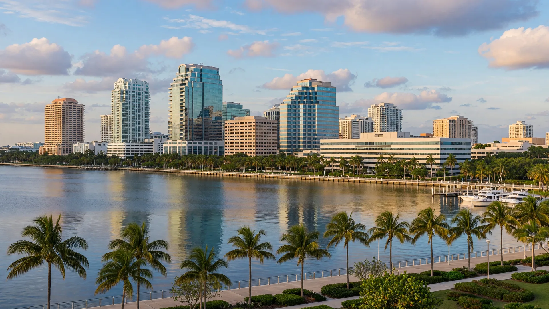 Panoramic view of the West Palm Beach skyline and Intracoastal Waterway in Palm Beach County