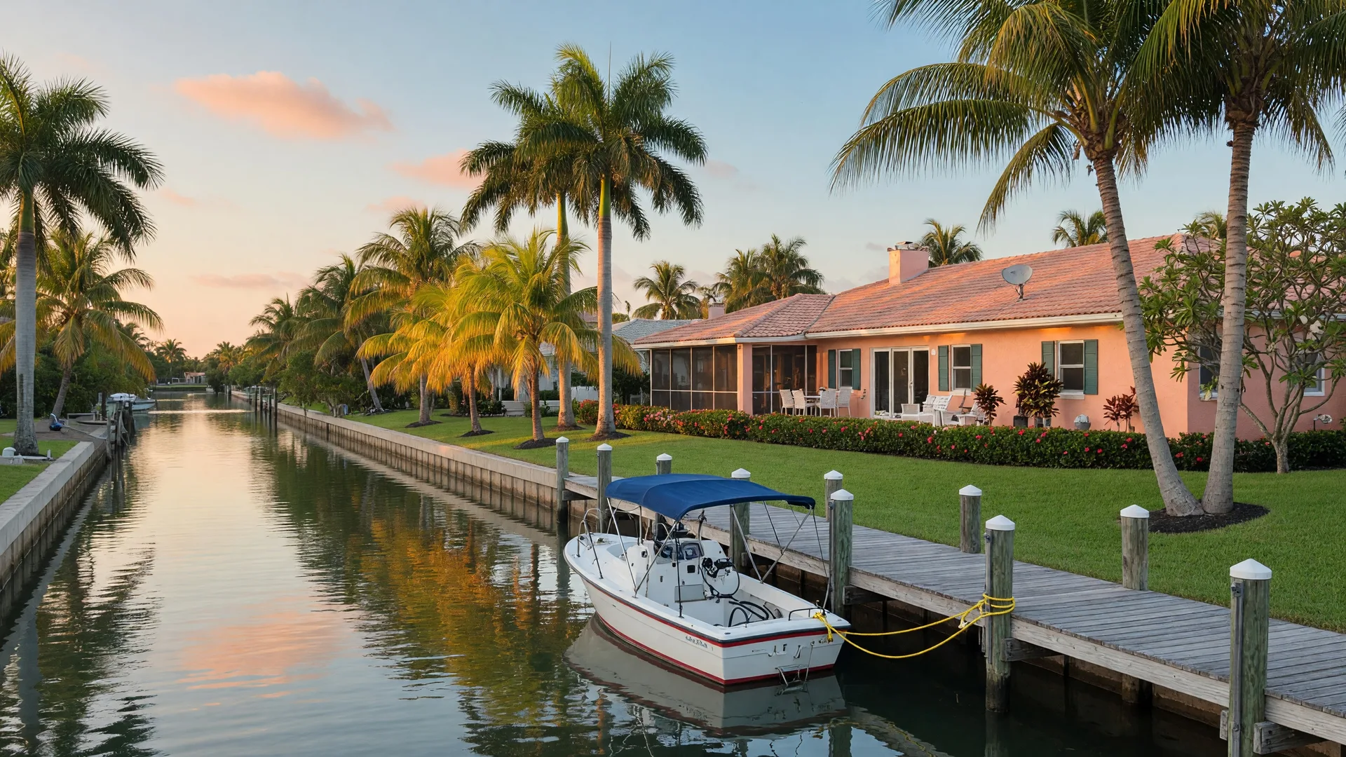 A private dock with a boat on a calm canal behind a waterfront home in Palm Beach County