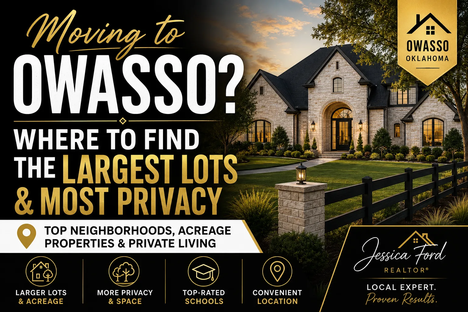 A luxury stone facade home in Owasso with warm outdoor lighting at sunset