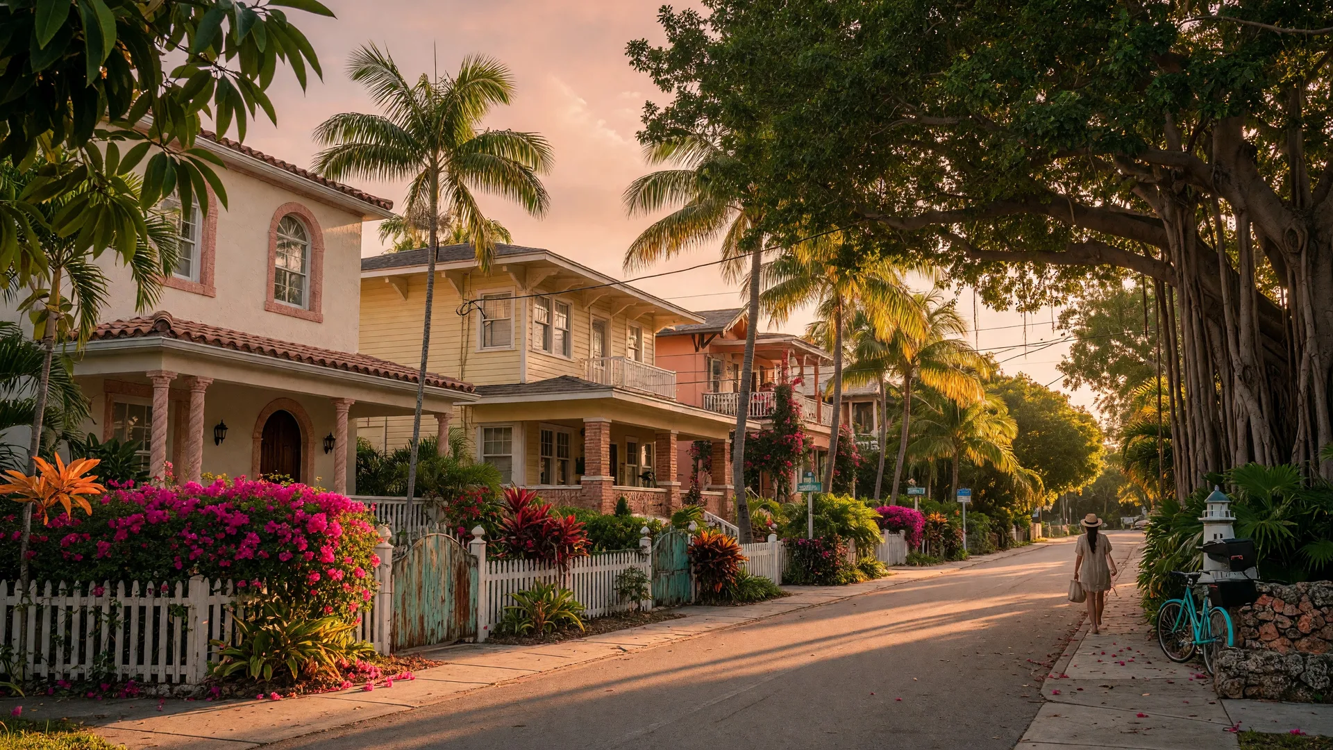 Tree-lined historic street in the Delray Beach Historic District with banyan trees, tropical landscaping, and charming early 20th-century homes