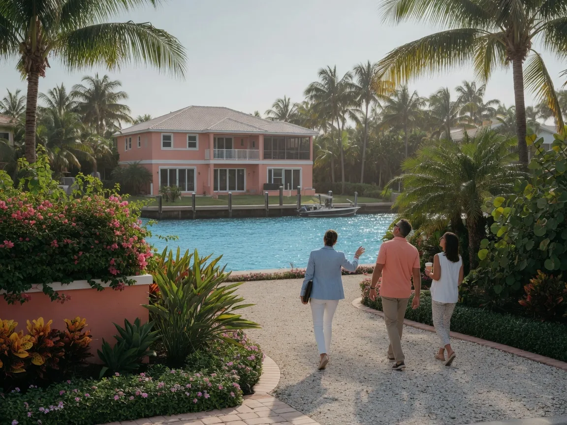 Buyers walking toward a waterfront home with an agent