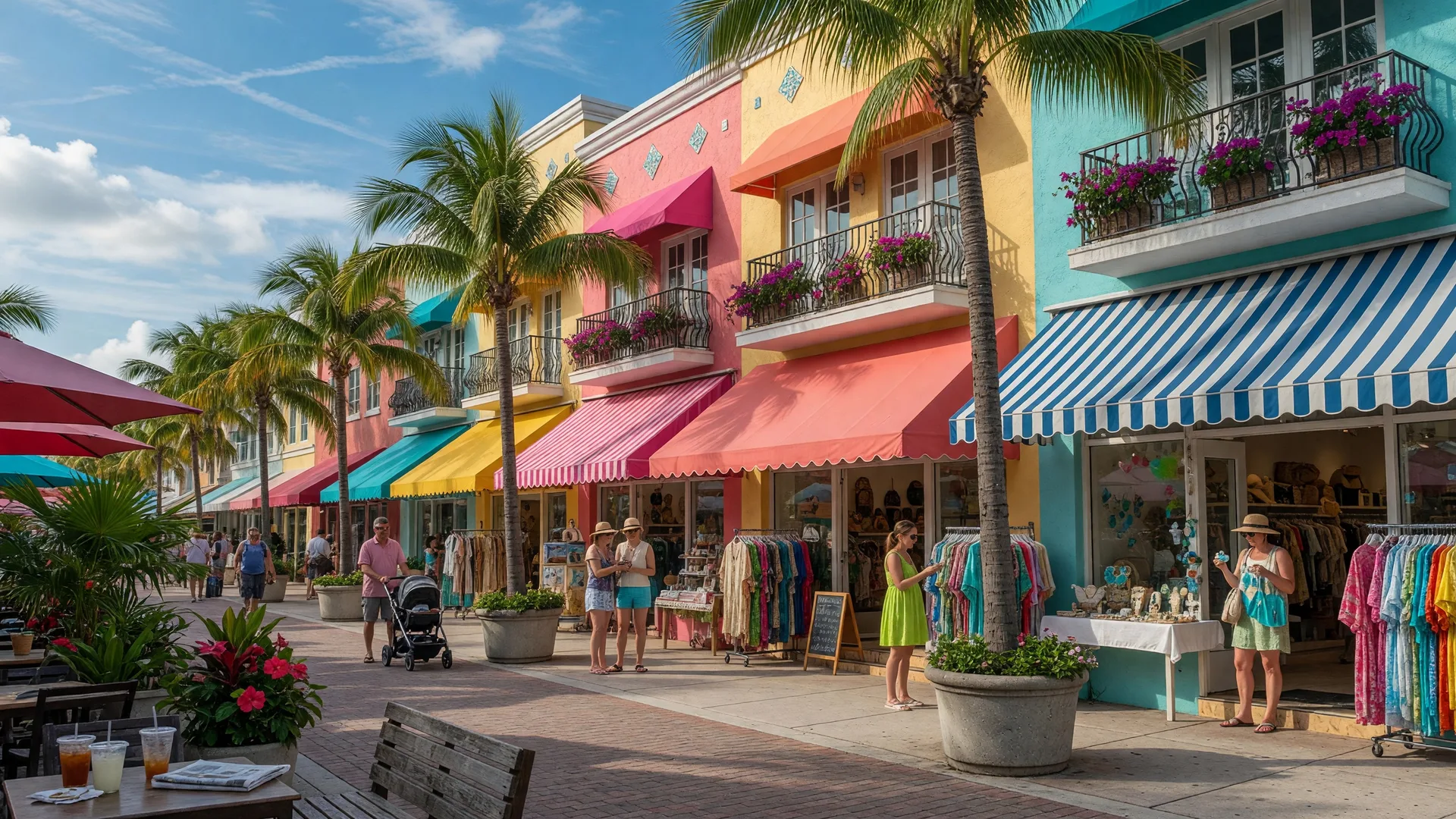 Boutique shopping street in East Delray Beach, Florida with storefronts, awnings, and palm trees on a sunny afternoon