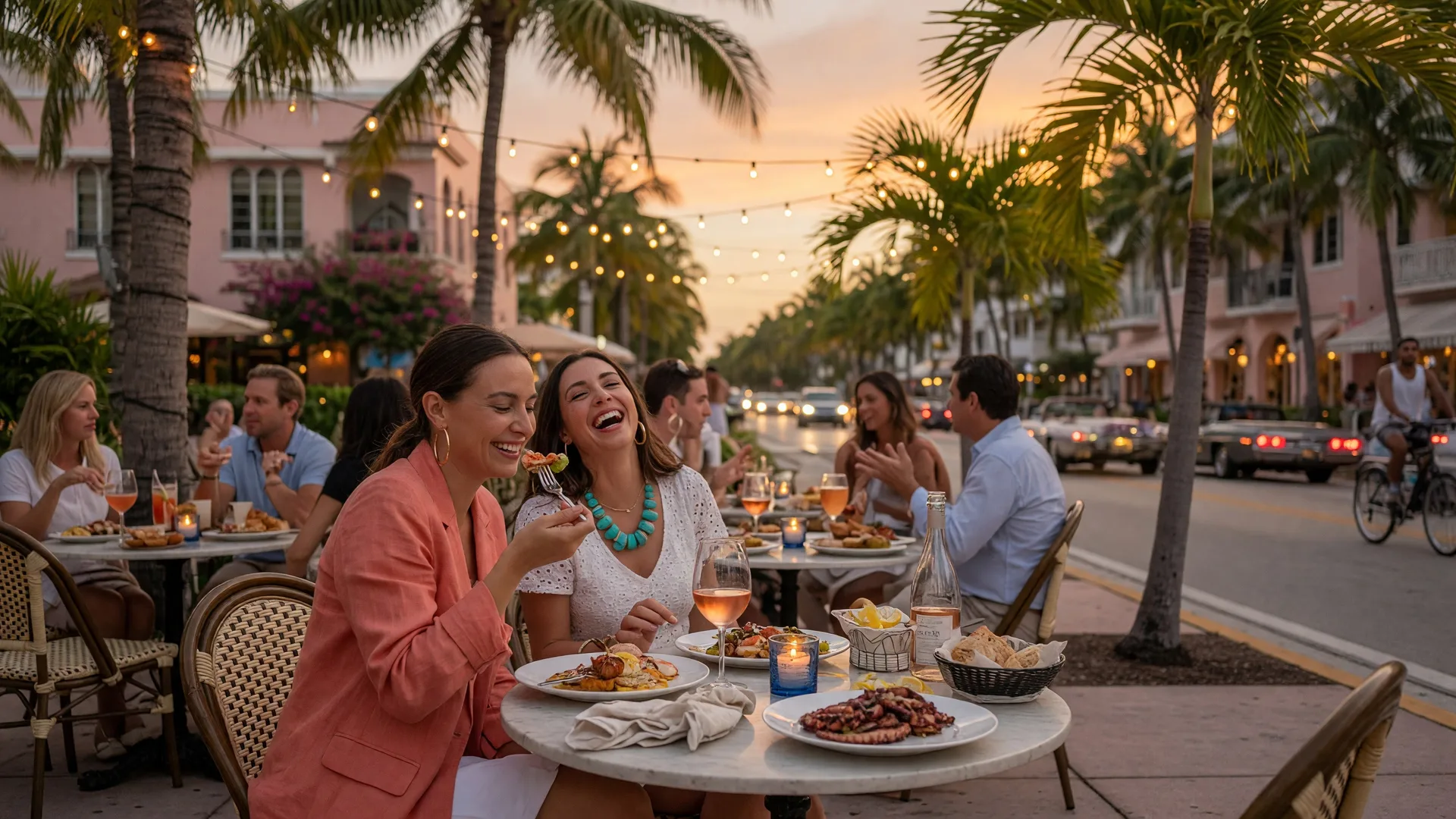 Outdoor dining scene on Atlantic Avenue in East Delray Beach, Florida with string lights and palm trees at golden hour