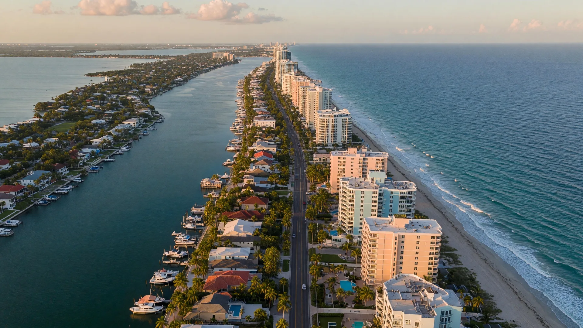 Aerial view of Highland Beach, Florida — a narrow barrier island between the Atlantic Ocean and the Intracoastal Waterway with condominium towers and waterfront homes