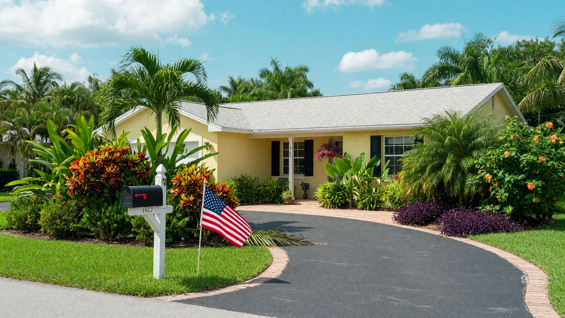 Florida homestead with a mailbox and American flag, suburban home