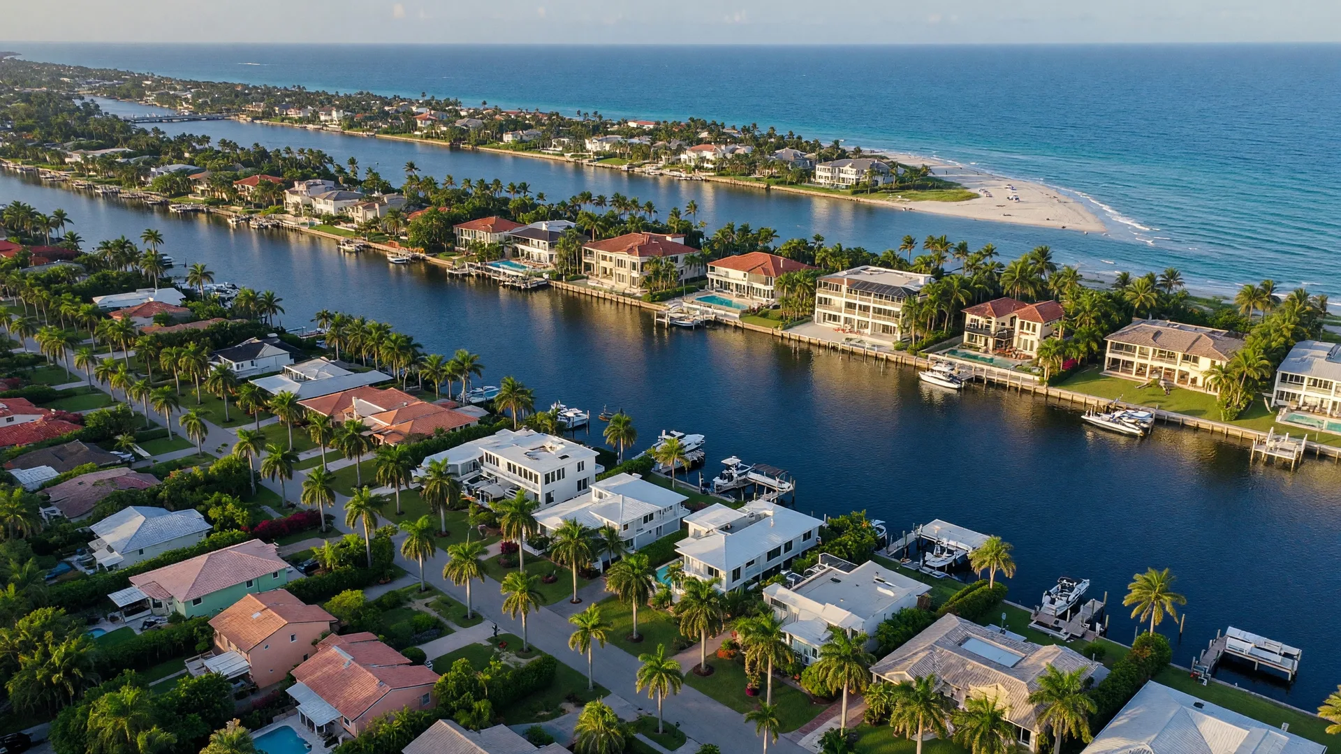 Aerial view of East Boca Raton, Florida — palm-lined residential streets, the Intracoastal Waterway with waterfront homes, and the blue Atlantic Ocean stretching to the horizon