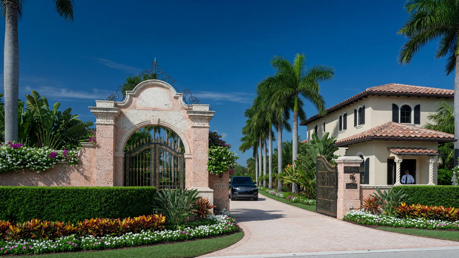 Luxury gated community entrance in Boca Raton, Florida with Mediterranean architecture
