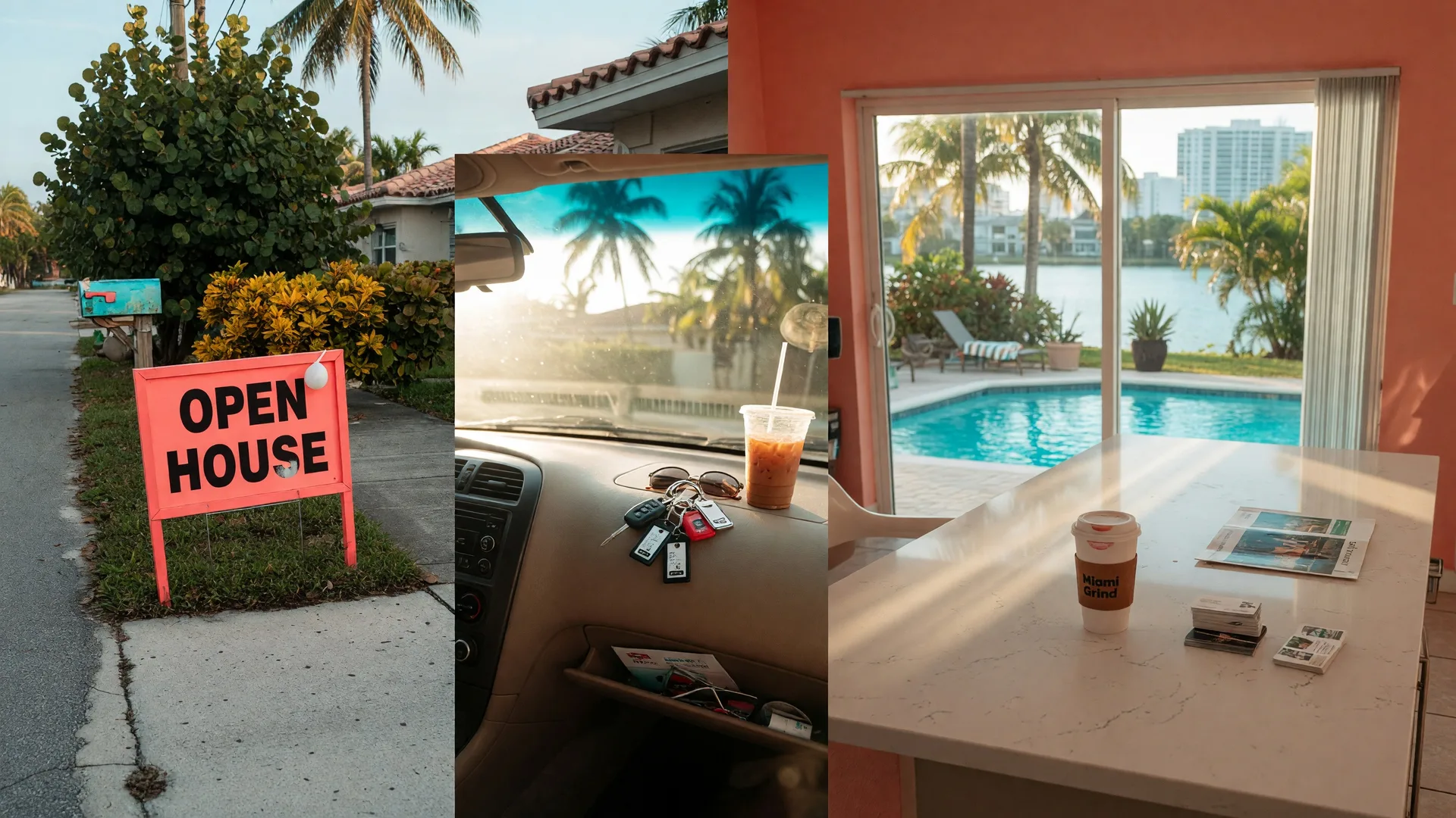 Real estate agent's daily scene with keys and coffee at a showing