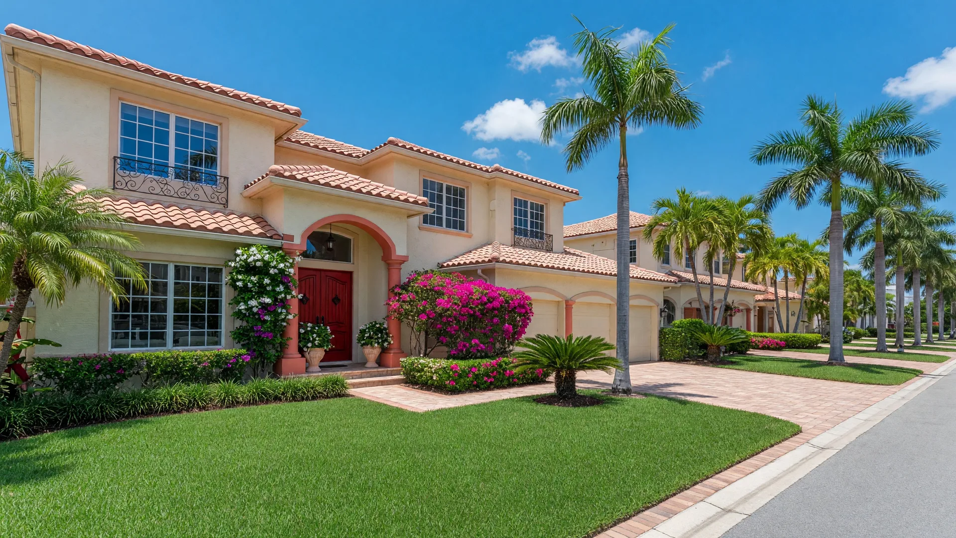 Single-family home in East Boca Raton, Florida — Spanish-style house with tile roof, tropical landscaping, palm trees, and manicured lawn on a sunny day