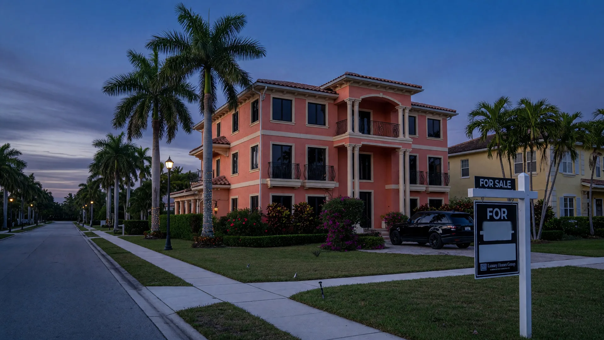 An overpriced luxury home with a For Sale sign in South Florida