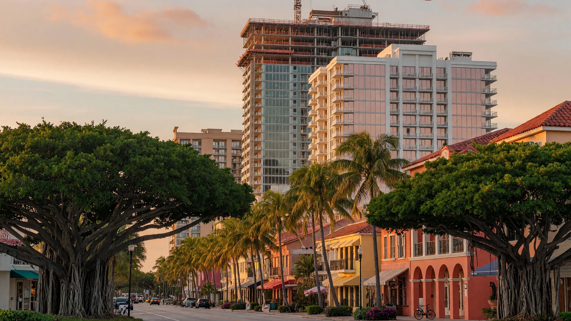 Downtown Delray Beach skyline along Atlantic Avenue at golden hour