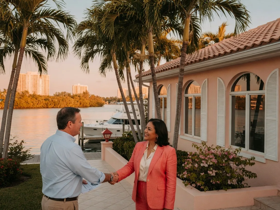 Real estate handshake in front of a waterfront home