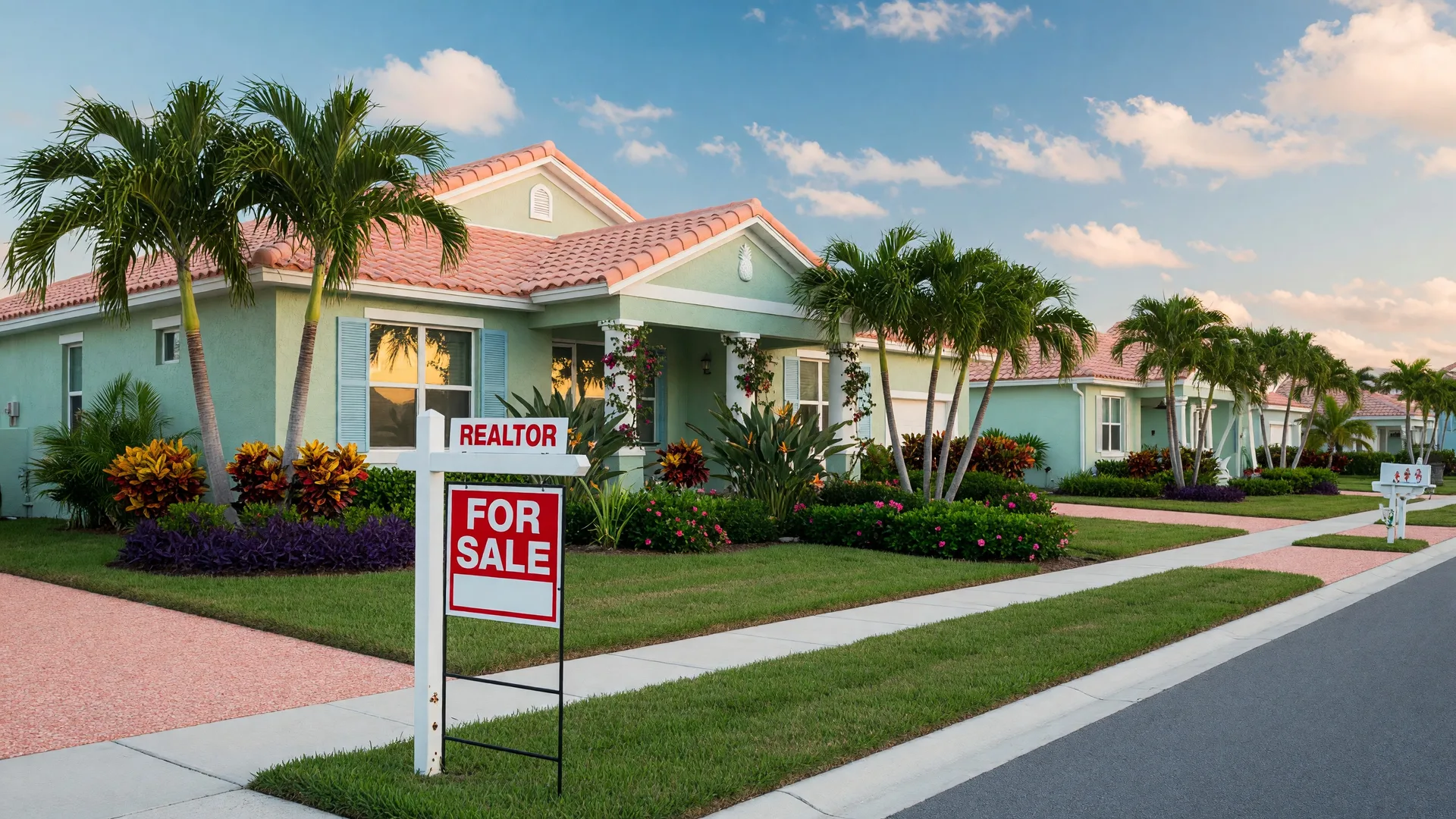 Real estate For Sale sign in front of a beautiful Florida home with palm trees and blue sky