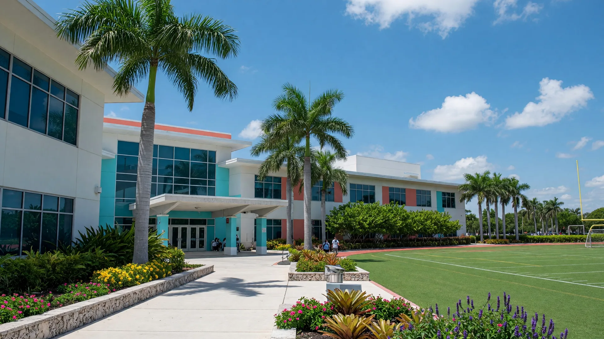 School campus in Boca Raton, Florida with modern educational buildings, sports fields, and palm trees on a sunny day