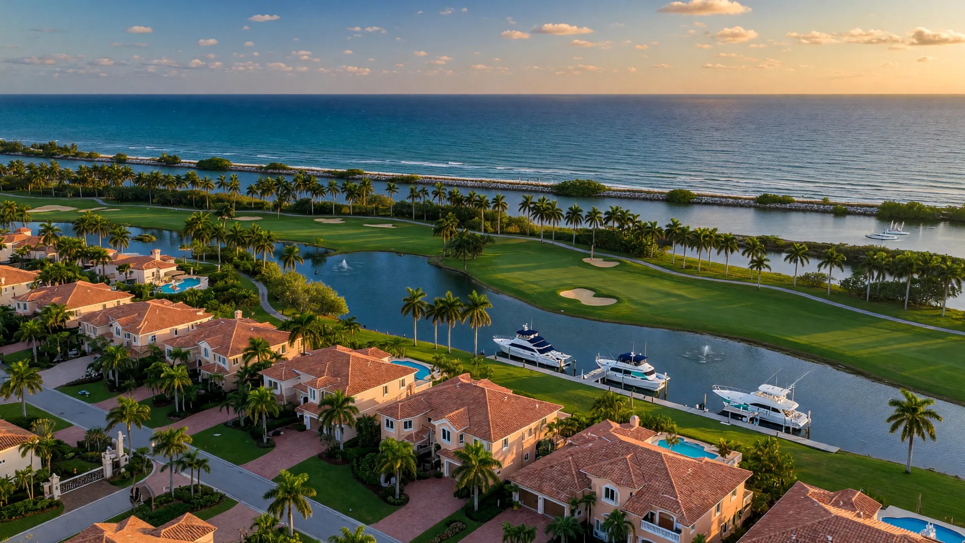 Aerial view of Seagate Country Club at The Hamlet in Delray Beach, Florida — a gated golf community with Mediterranean-style homes surrounding lush fairways near the Intracoastal Waterway