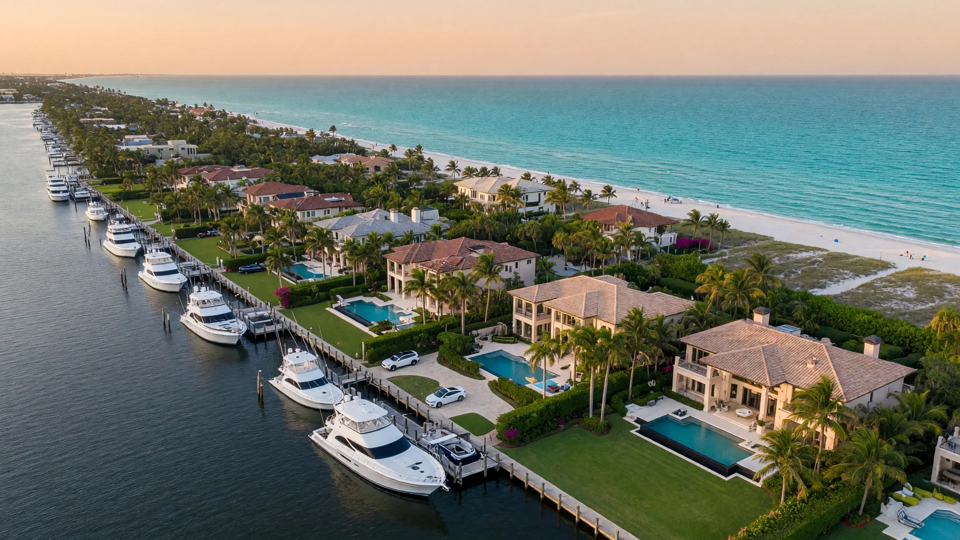 Aerial view of Gulf Stream, Florida — exclusive waterfront estate homes stretching from the Intracoastal Waterway to the Atlantic Ocean with private docks and tropical landscaping