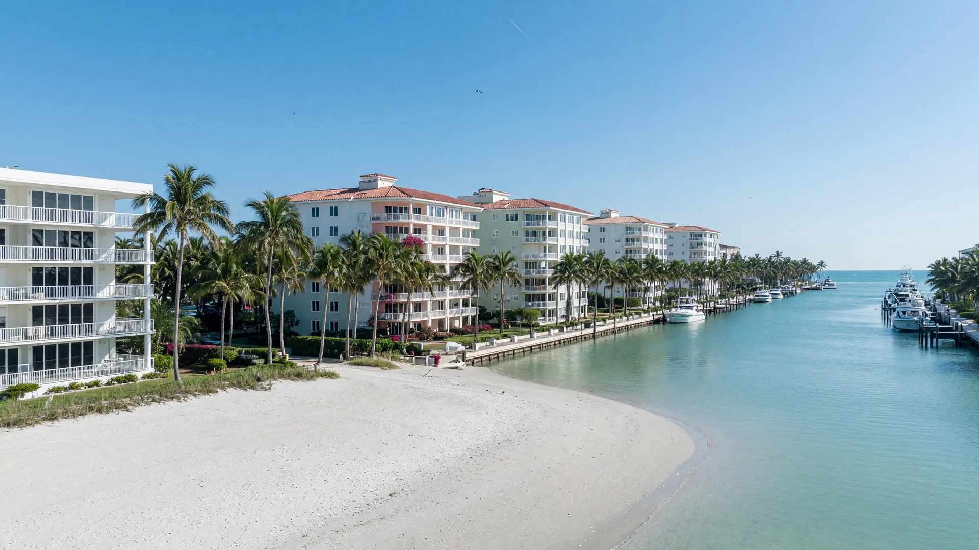 Luxury oceanfront condominiums and beach along Highland Beach, Florida