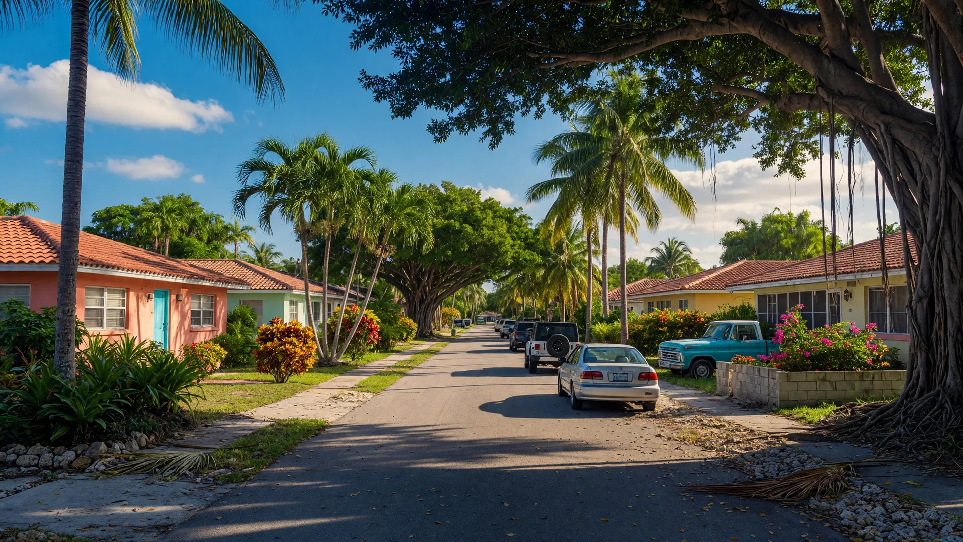 Beautiful residential tree-lined street in East Delray Beach, Florida