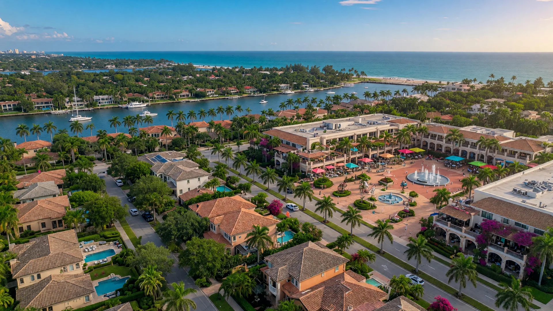 Tree-lined residential street in Boca Villas, Boca Raton, with luxury homes and tropical landscaping under blue skies