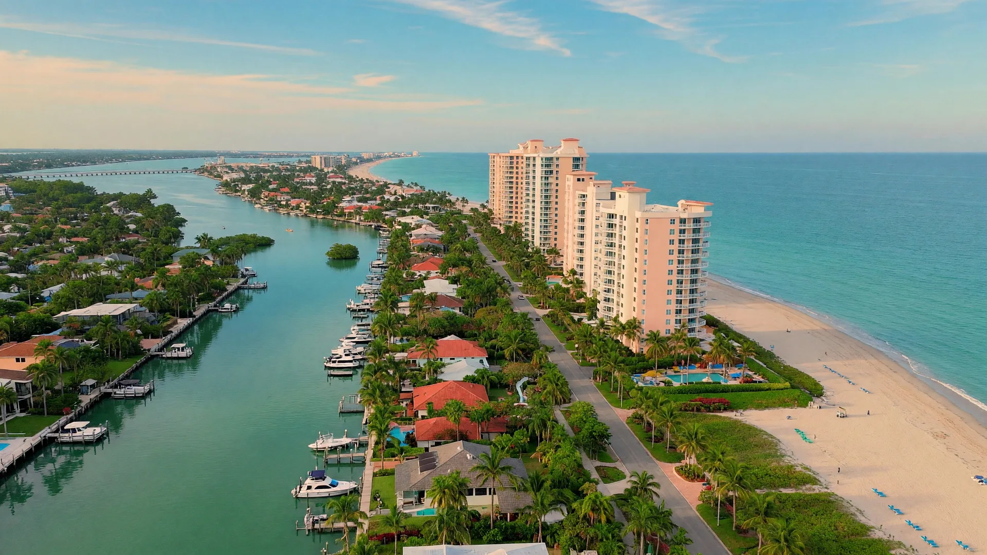 Oceanfront condominiums and Intracoastal Waterway along Highland Beach barrier island, Florida