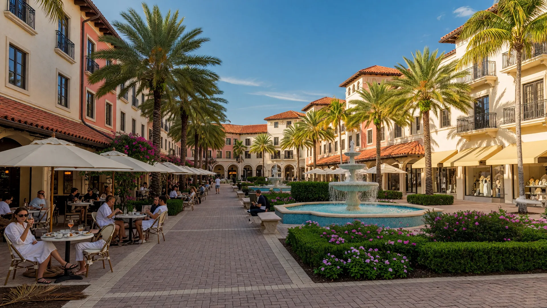 Mizner Park in Boca Raton, Florida — Mediterranean-style plaza with palm trees, fountains, outdoor dining, and upscale boutiques on a sunny afternoon