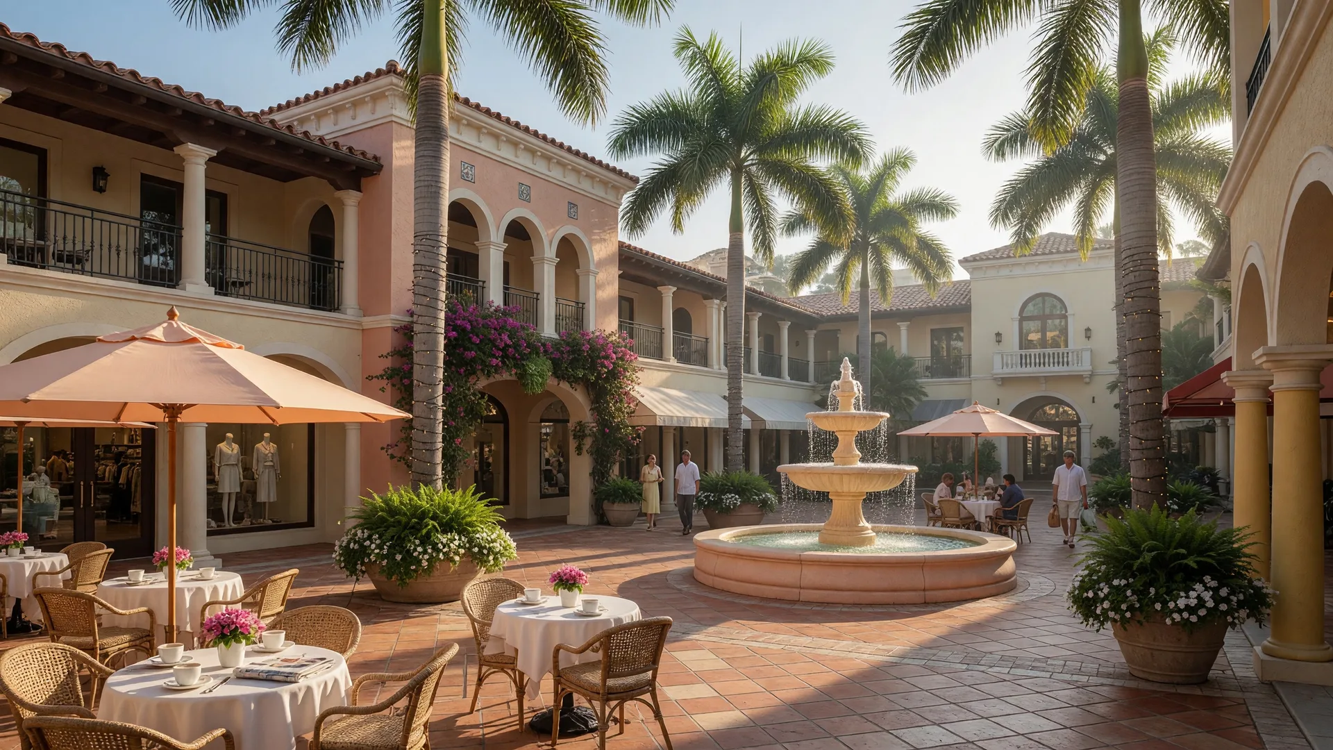 Royal Palm Place in Boca Raton, Florida — Mediterranean open-air shopping and dining courtyard with fountains, palm trees, and upscale boutiques on a clear morning