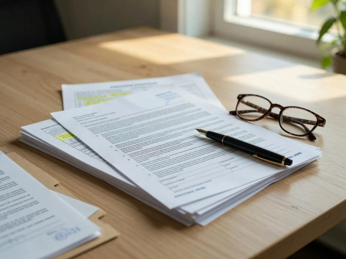 Real estate contract and documents on a desk