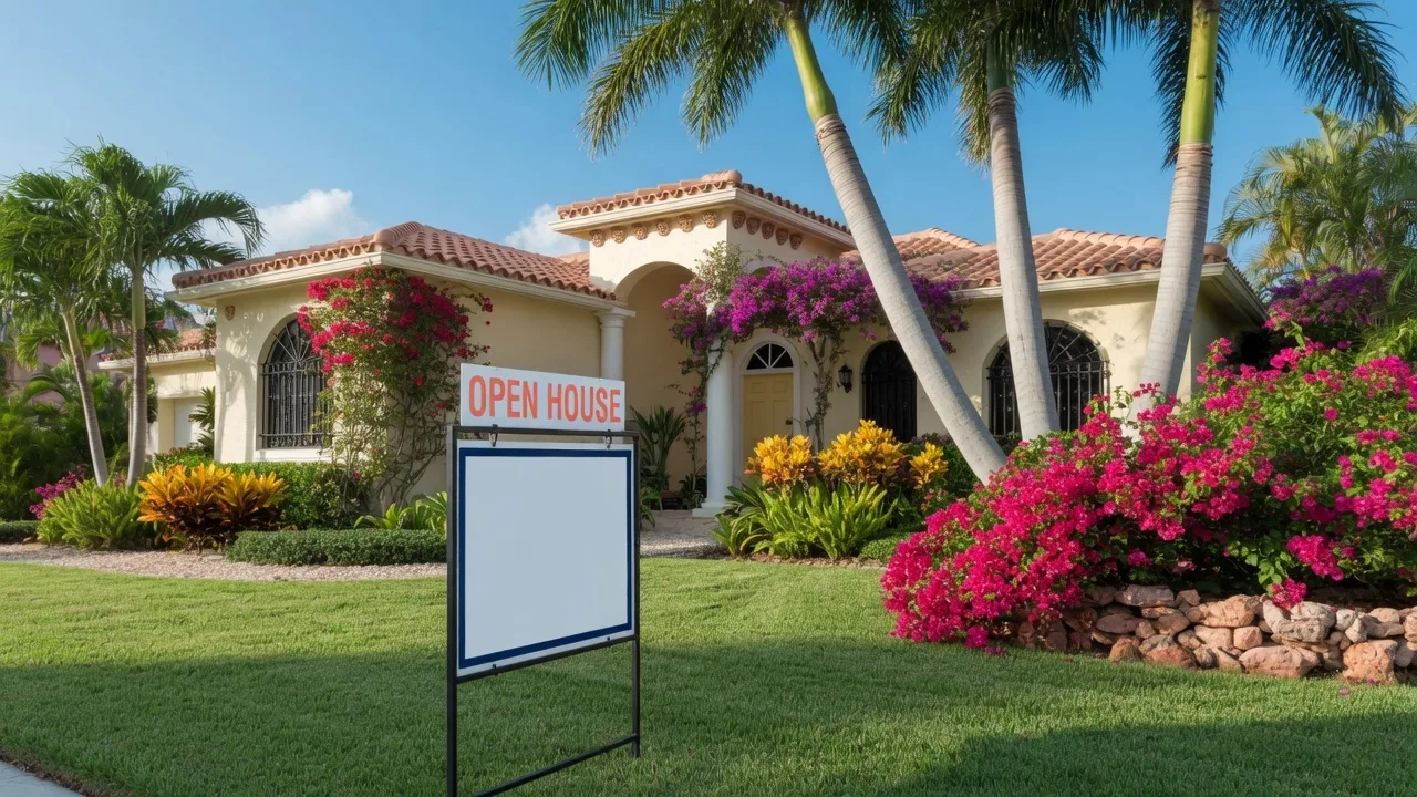 Open house sign in front of a South Florida home with tropical landscaping