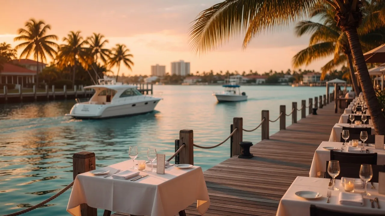 Waterfront restaurant patio along the Intracoastal Waterway at sunset in Boynton Beach, Florida