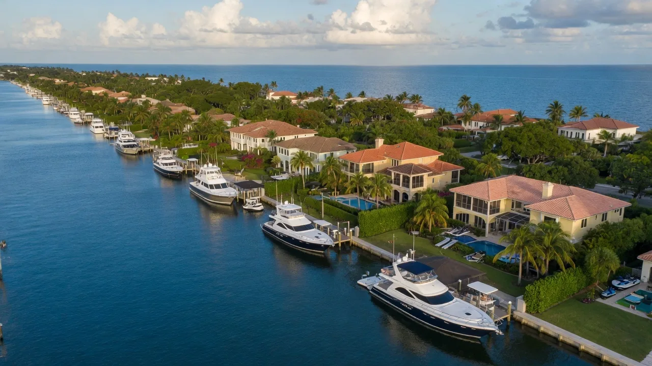 Aerial view of waterfront estate homes along the Intracoastal Waterway in Gulf Stream, Florida