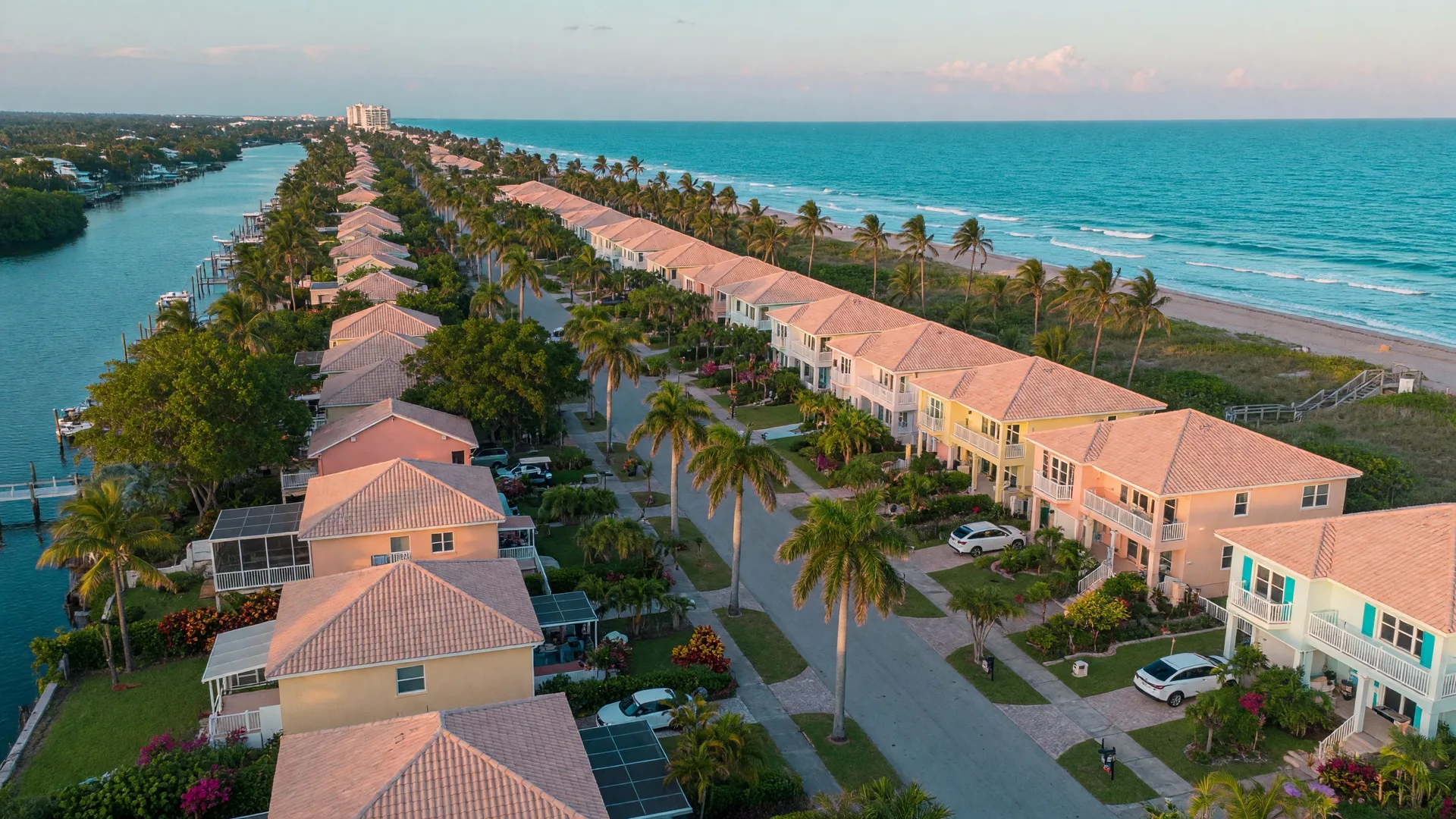 Palm-lined residential street in the Delray Beach beach area with tropical landscaping and blue skies, between A1A and the Intracoastal Waterway
