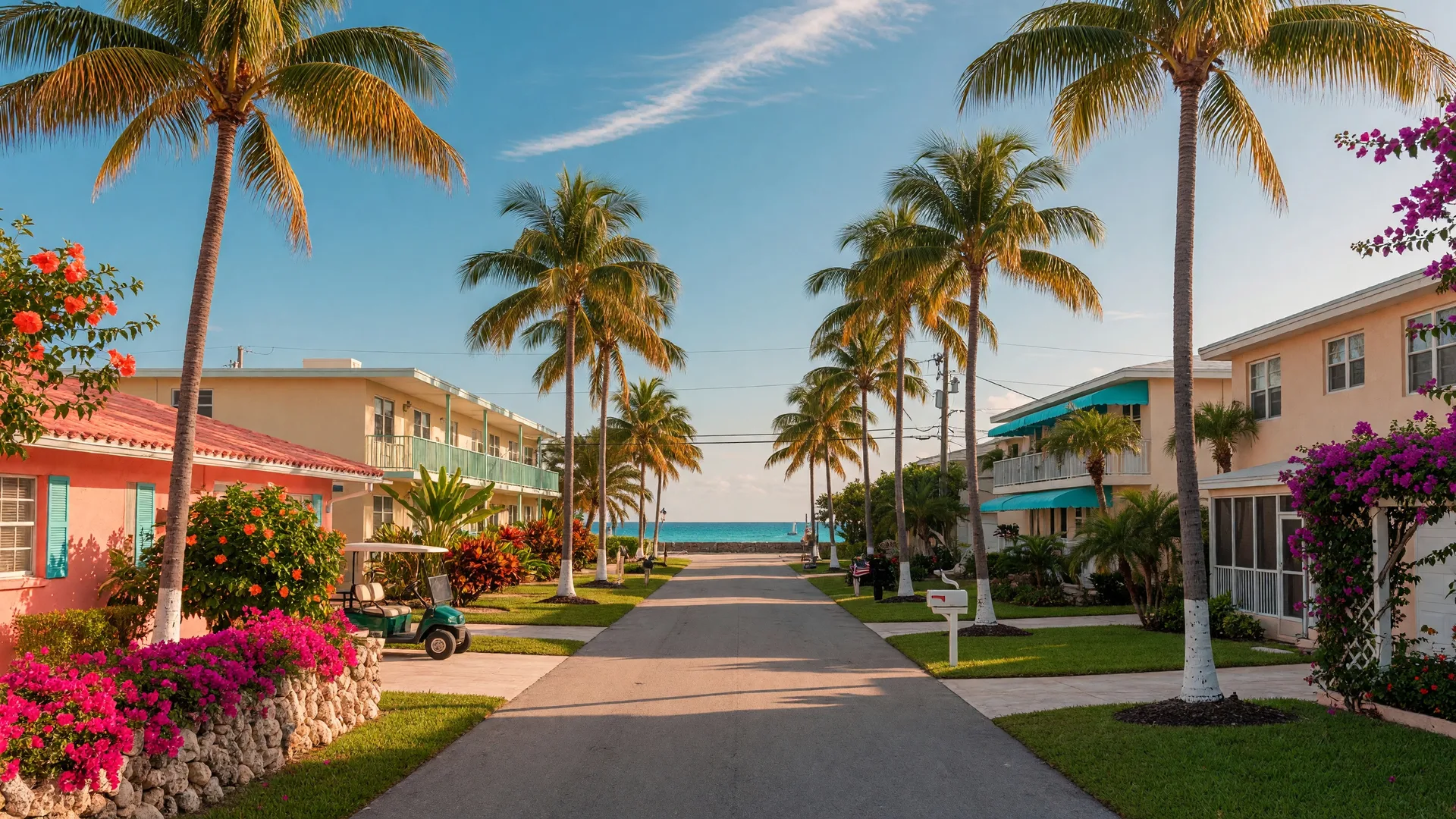 Tree-lined residential street in East Delray Beach, Florida, with palm trees and homes under blue skies