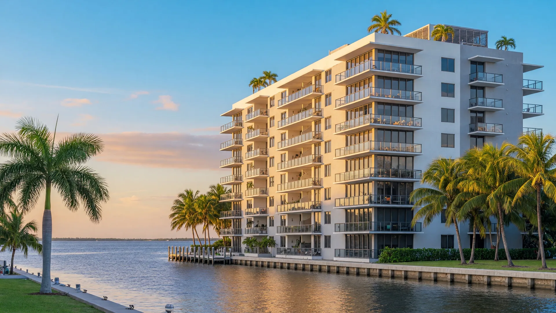 Modern waterfront condo building in South Florida with tropical landscaping