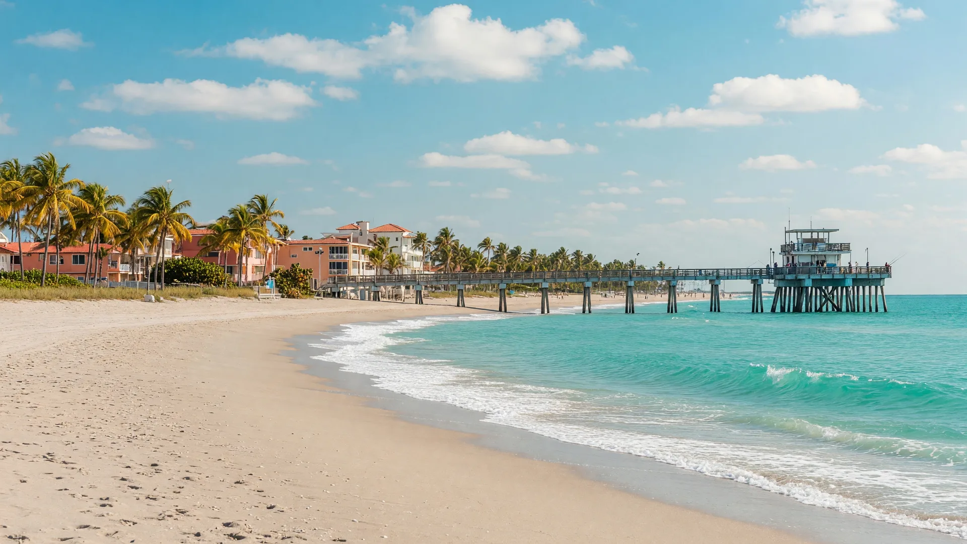 Deerfield Beach fishing pier stretching over turquoise Atlantic Ocean water with pristine sandy beach