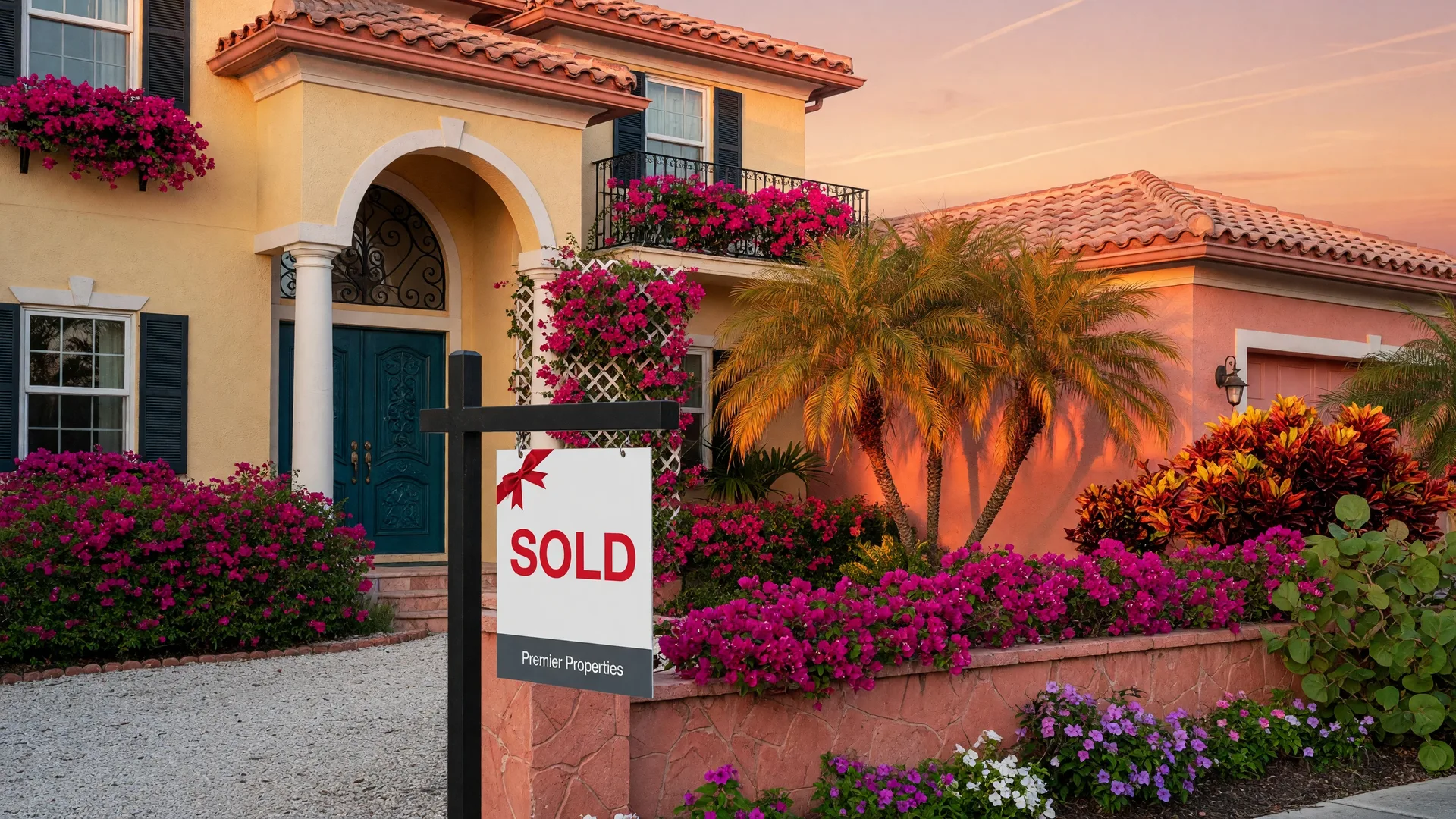 Sold real estate sign in front of a Mediterranean-style home in South Florida with tropical landscaping