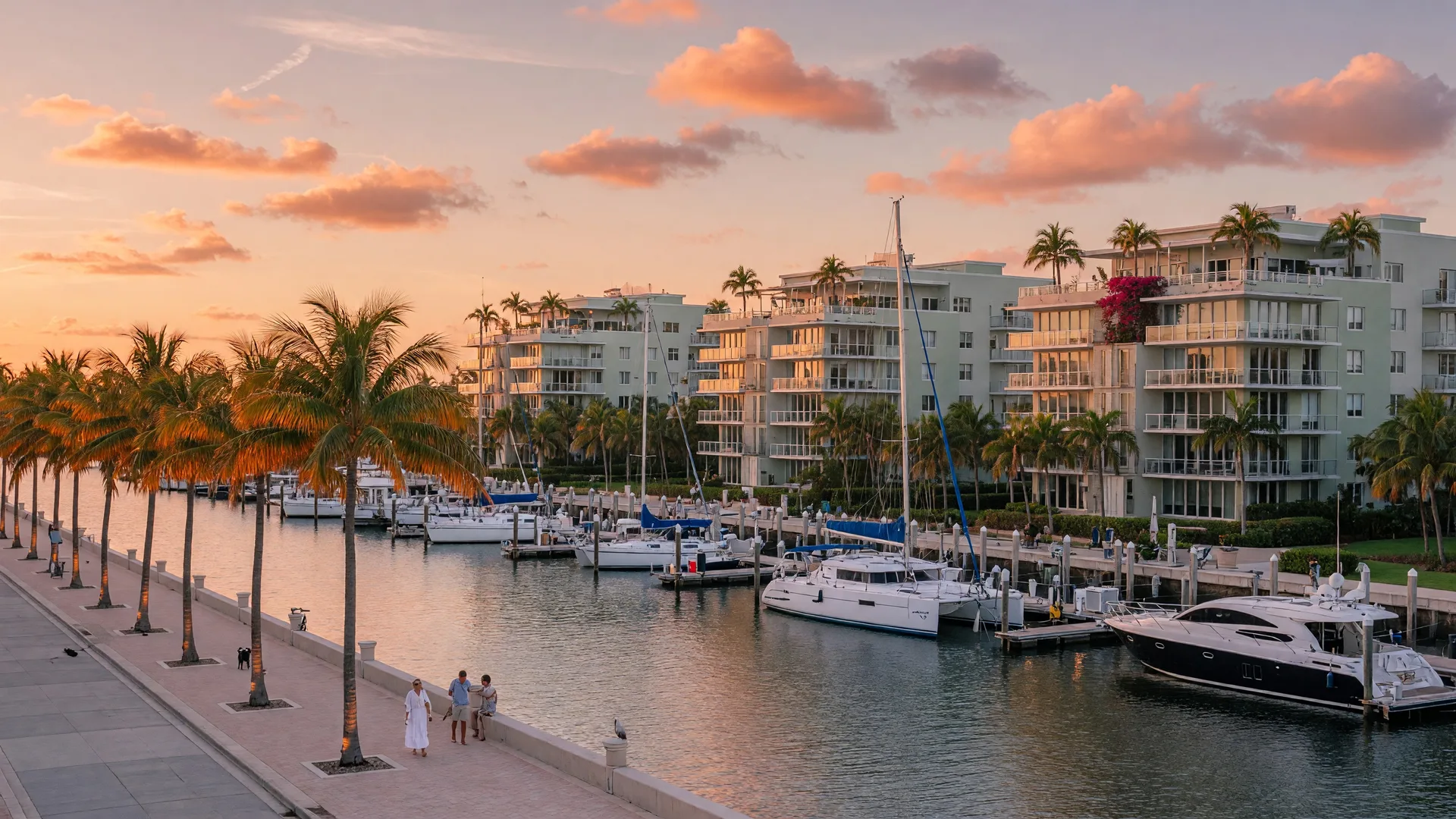Waterfront marina and modern condominiums along the Intracoastal Waterway in Boynton Beach, Florida