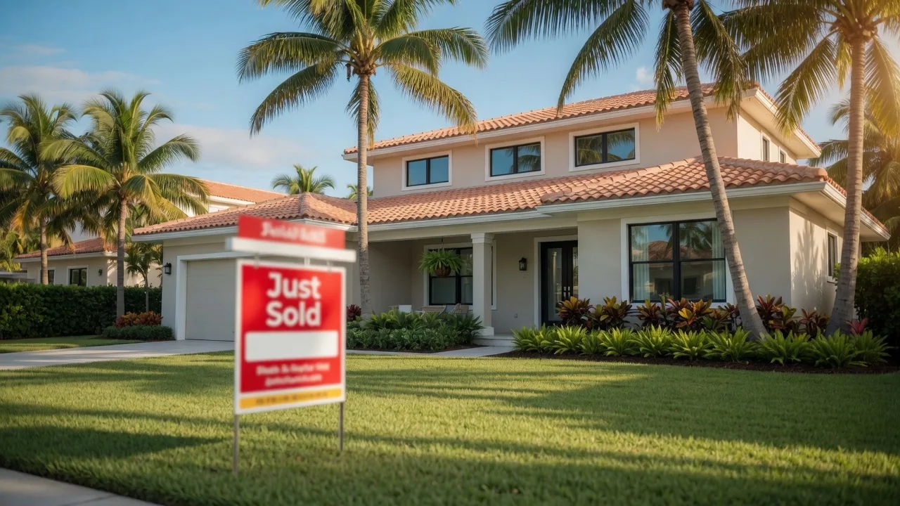 A sold home in a South Florida coastal neighborhood on a bright summer morning