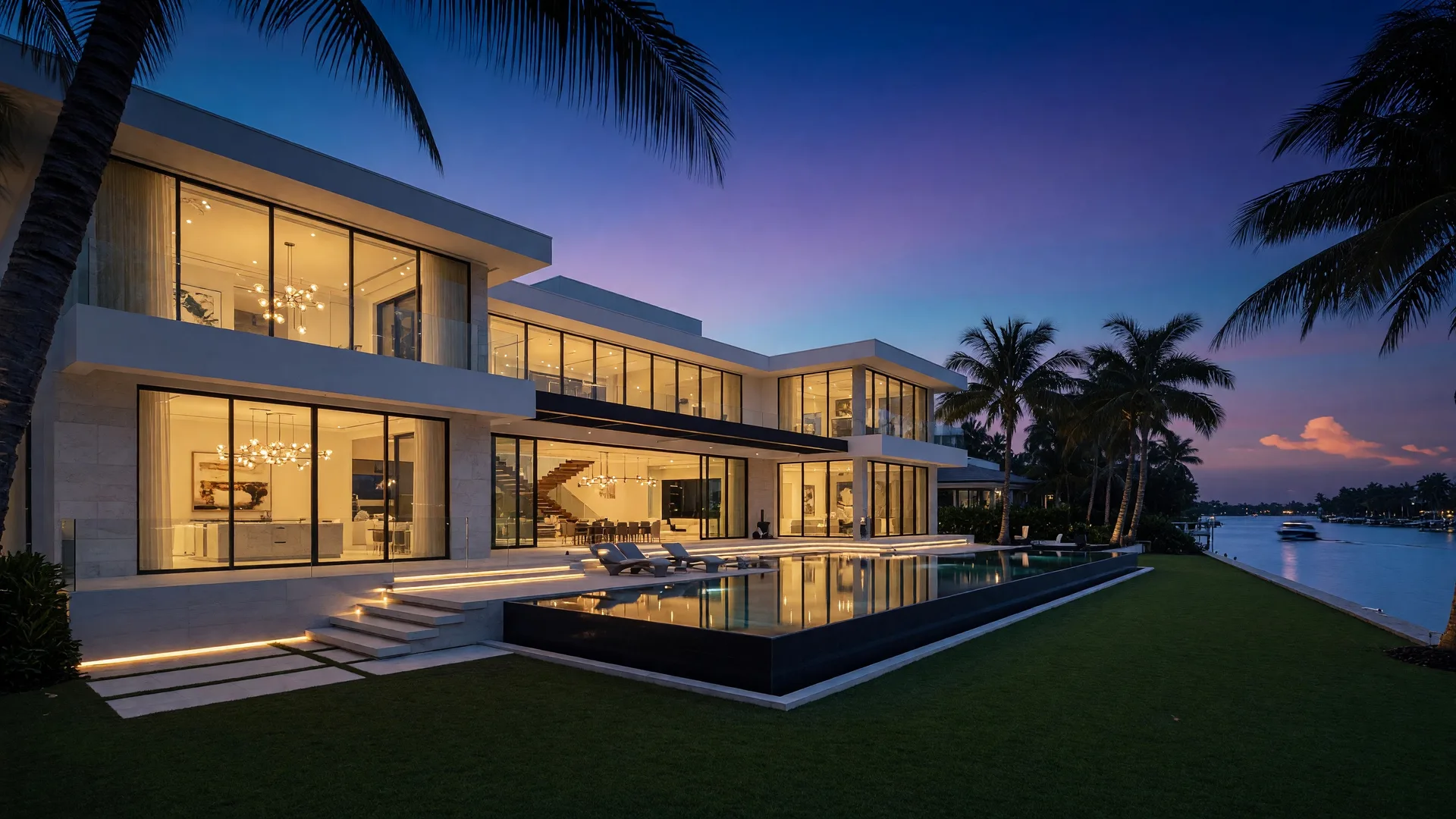 Luxury waterfront estate at twilight in Boca Raton, Florida