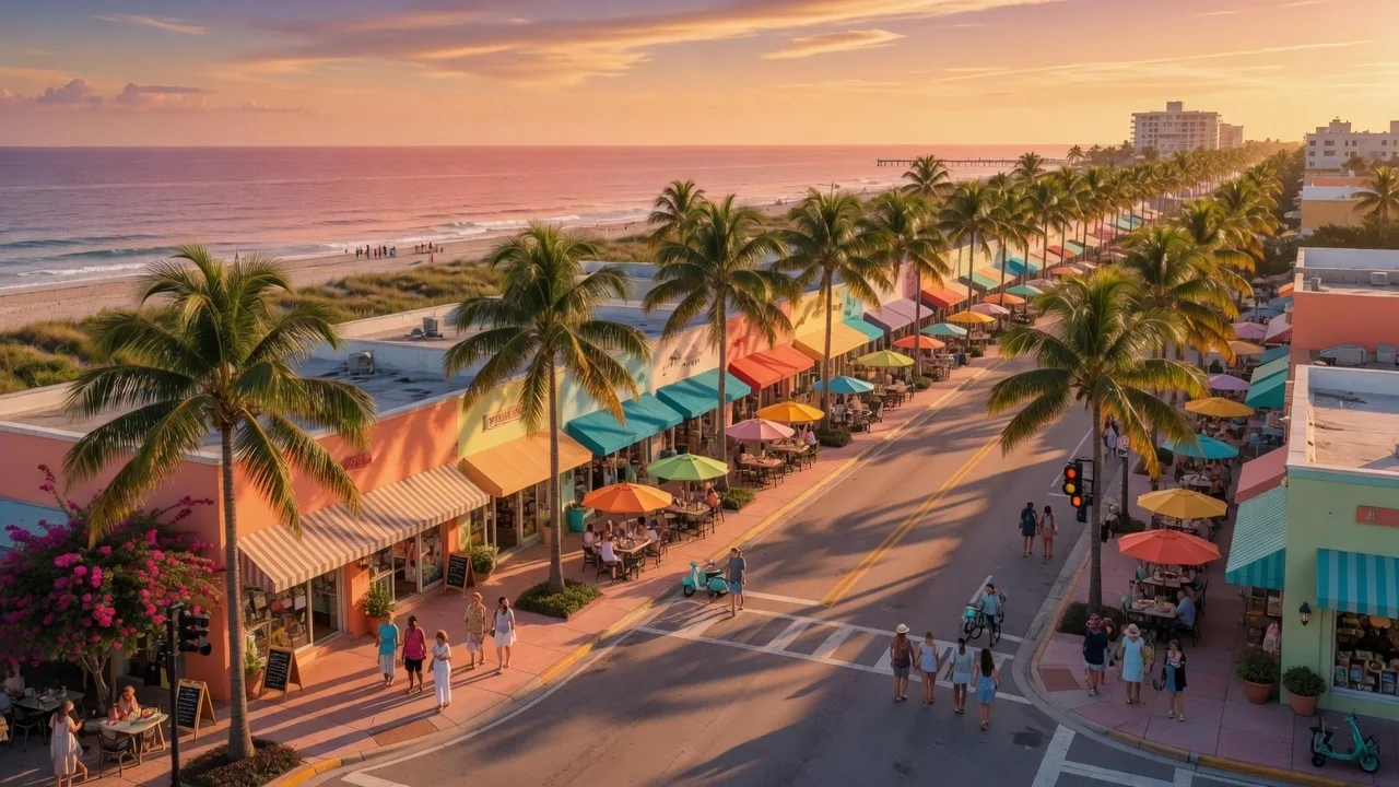 Vibrant downtown Delray Beach along Atlantic Avenue with palm trees and outdoor dining